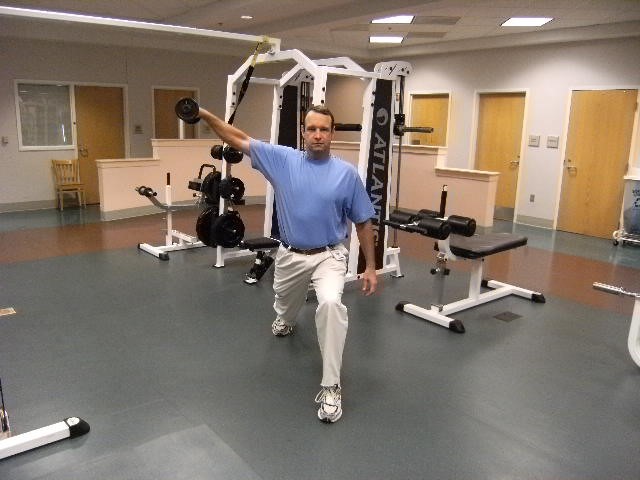 The front lunge with dumbbell lateral shoulder fly is an ideal multi-planar exercise for golf.